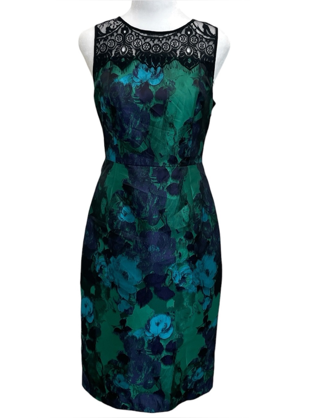 Anthropologie Leifsdottir Green Floral Brocade Black Lace Neck Cocktail Dress